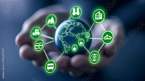 Hands holding a globe with interconnected green icons representing global sustainability and logistics