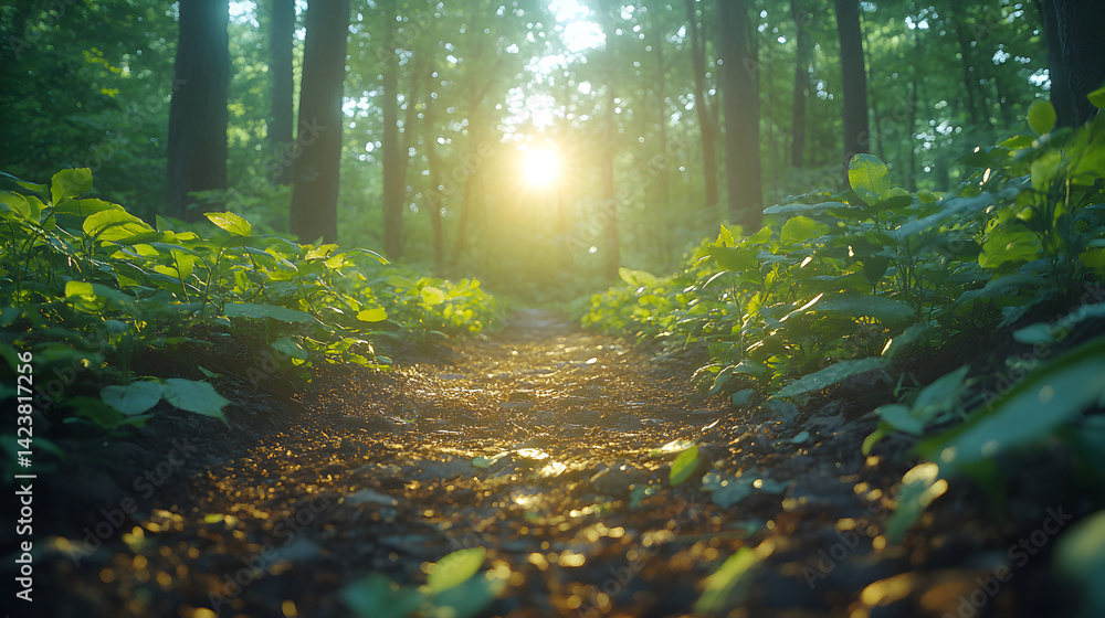 Obraz premium Lush green forest trail under sunlight, symbolizing sustainability, ecology, and nature preservation