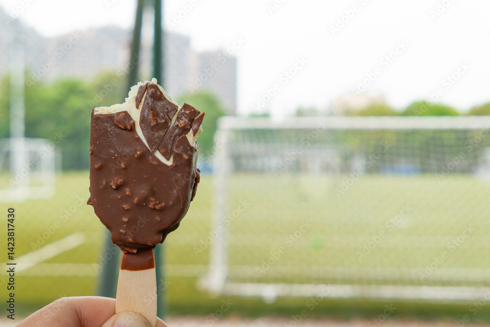 Obraz premium holding a chocolate popsicle in front of a soccer field