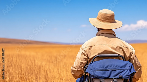 Man in wheelchair facing expansive golden field under a clear blue sky