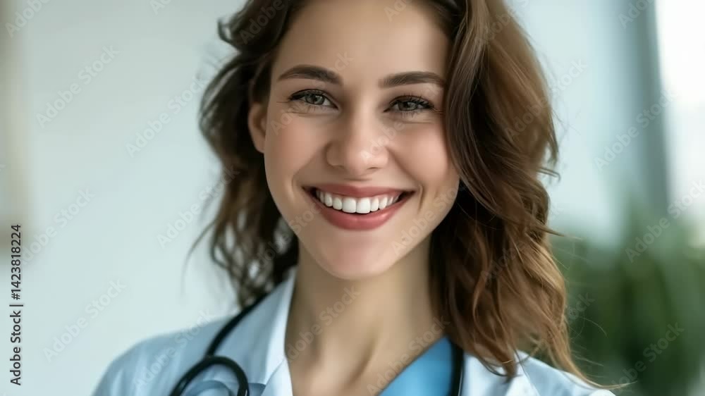 Close-up shot of a friendly female healthcare worker. She is dressed in a professional attire and wearing a stethoscope, smiling warmly at the viewer and evoking a sense of trust and care. Close-up shot of a friendly female healthcare worker. She is dressed in a professional attire and wearing a stethoscope, smiling warmly at the viewer and evoking a sense of trust and care.