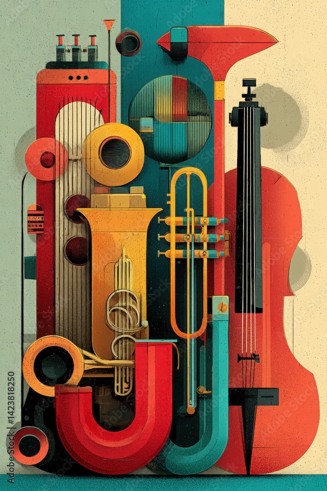 Naklejka premium Geometric Music Instruments Illustration in Retro Style, Celebrating Jazz and Orchestra. Perfect for posters, album art, and music event promotion.