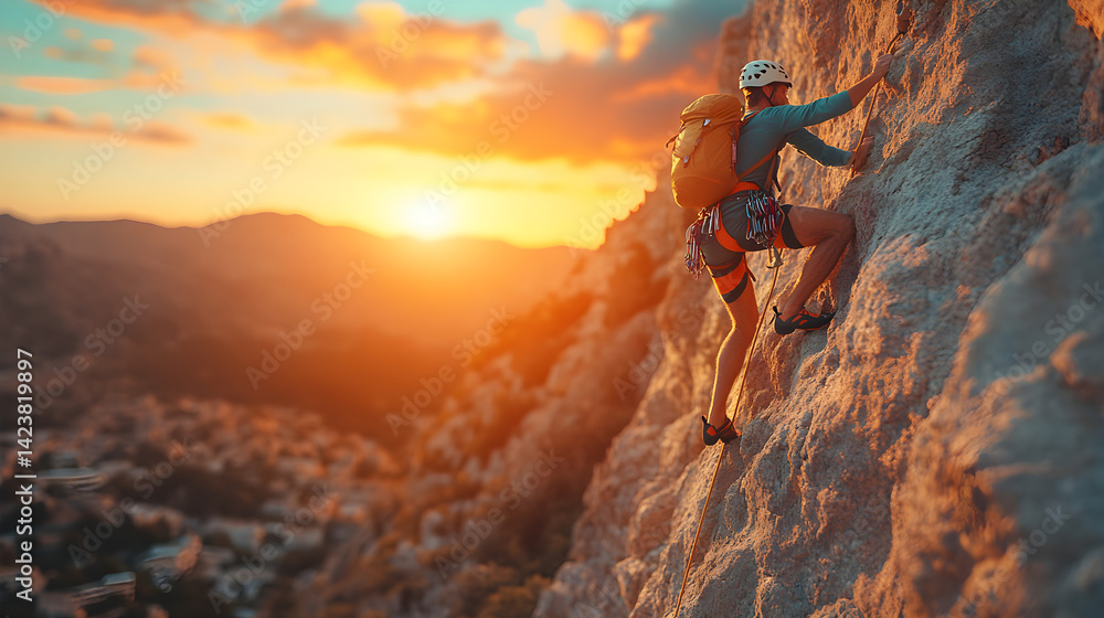 Fototapeta premium Man climbing rocky terrain outdoors, symbolizing strength and personal challenge