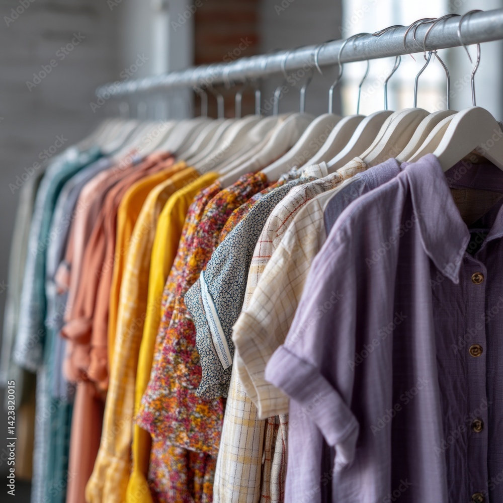 Obraz premium Brightly colored summer dresses hang in vibrant rows, showcasing intricate patterns and lightweight fabrics