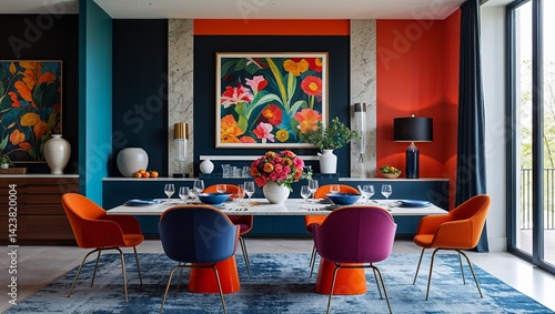 A pop of bold color electrifies the modern dining setting