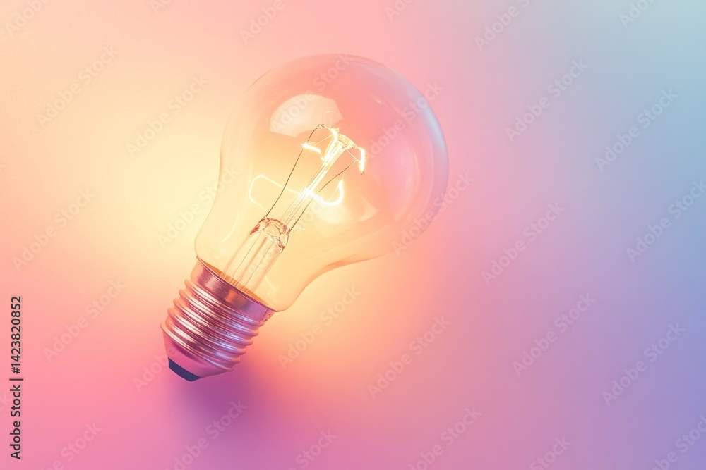 A glowing light bulb illuminates the space with soft colors. It symbolizes ideas and creativity. The image captures a modern and artistic feel. Perfect for design and inspiration. AI