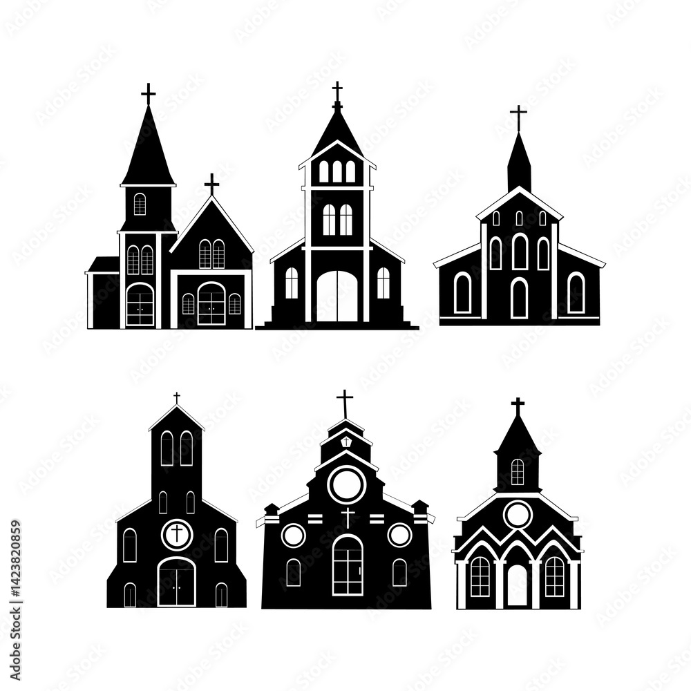 Collection of Black and White Church Icons in Artistic Silhouettes Collection of Black and White Church Icons in Artistic Silhouettes