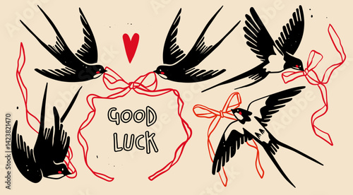 Black Swallow birds flying with ribbons, bow. Flock of birds set. Various positions. Hand drawn trendy Vector illustration. Ornithology concept. Isolated design elements. Logo, poster, print template