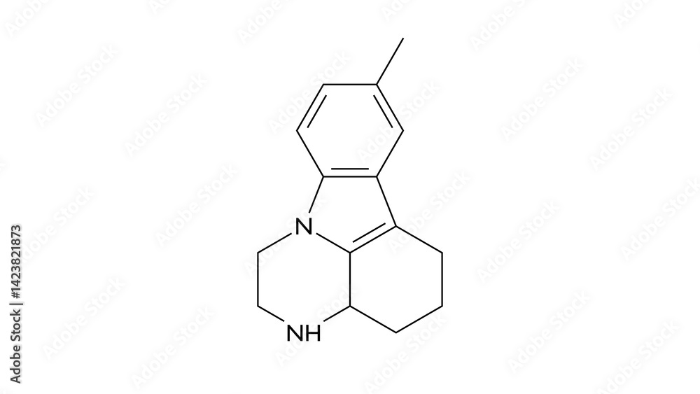 Pirlindole molecule, structural chemical formula, ball-and-stick model, isolated image antidepressant Pirlindole molecule, structural chemical formula, ball-and-stick model, isolated image antidepressant