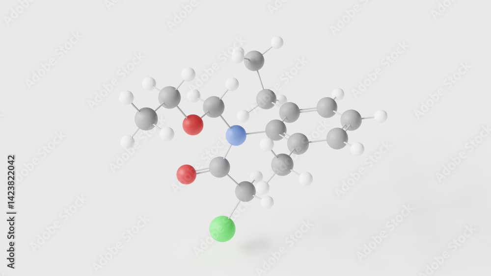 acetochlor molecule 3d, molecular structure, ball and stick model, structural chemical formula herbicide acetochlor molecule 3d, molecular structure, ball and stick model, structural chemical formula herbicide