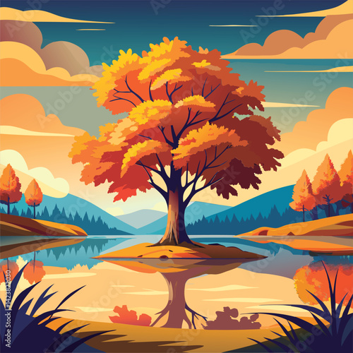 Autumn lake scenery with vibrant colors.
