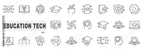Set of education tech related line icons. Digital, online, smart, learning etc. Editable stroke