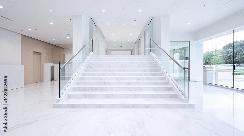 Obraz premium A bright and modern building lobby featuring a wide white marble staircase with glass railings.
