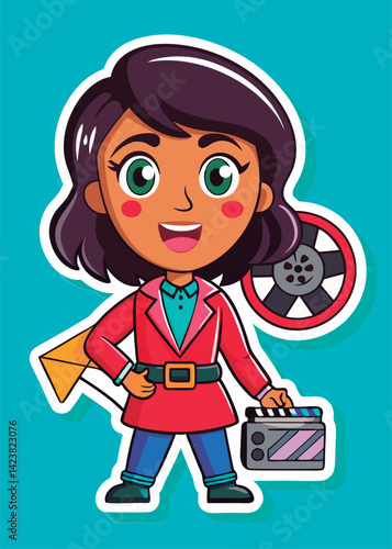 Smiling young filmmaker holding clapperboard.