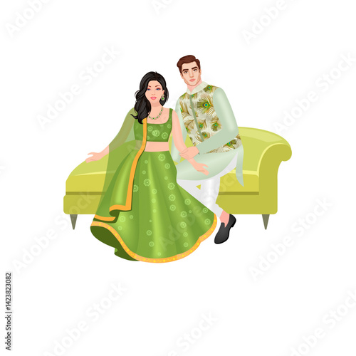 Young Indian Couple Sitting In a Sofa Wearing Green Traditional Outfit 