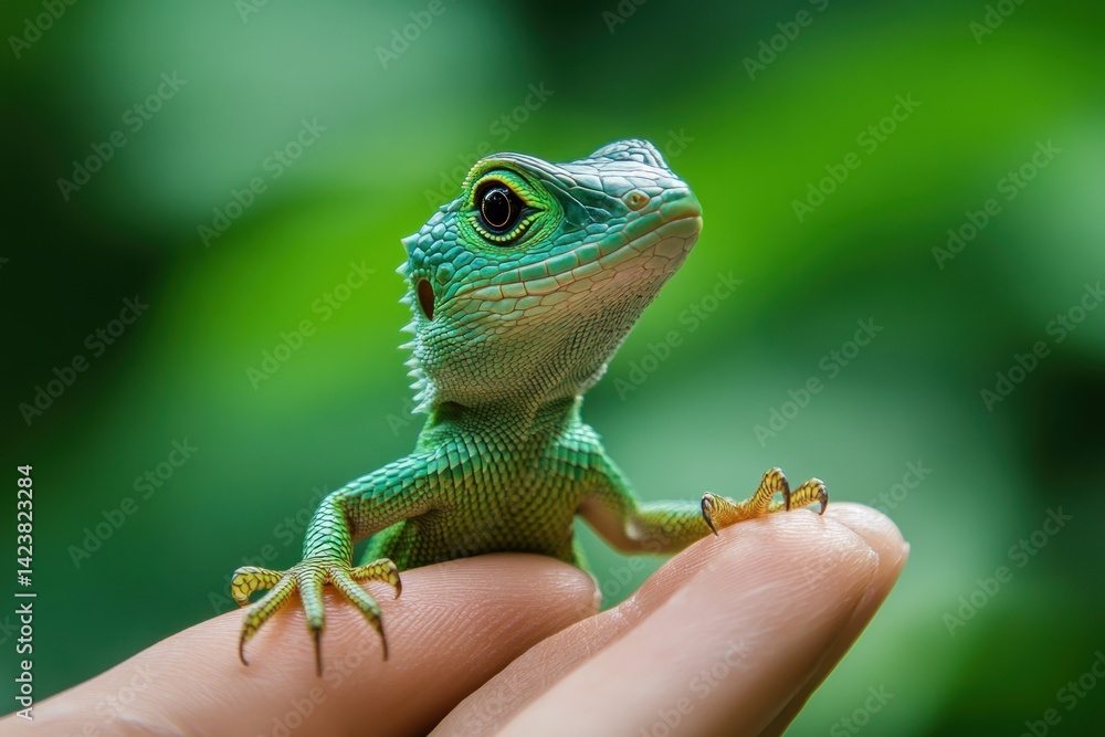 Fototapeta premium A vibrant green lizard is being held on a human finger