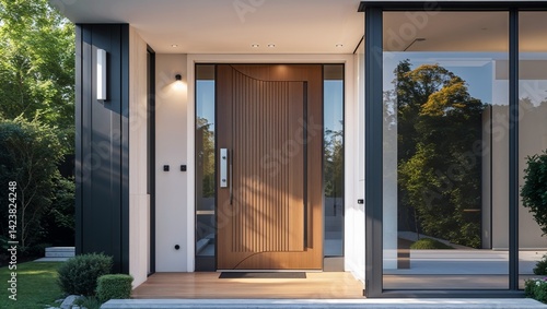 A sleek modern front door with bold lines and minimalist elegance