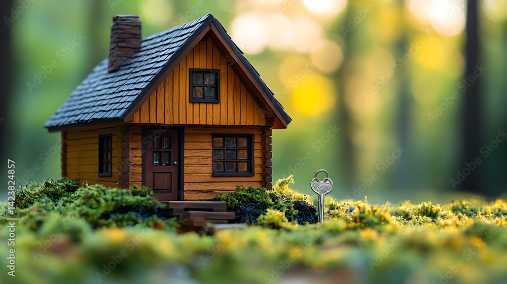 Miniature tiny house model with metal keys beside it, symbolizing affordable housing and small home ownership Miniature tiny house model with metal keys beside it, symbolizing affordable housing and small home ownership