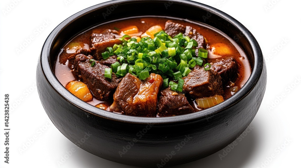 Authentic Korean seolleongtang beef bone soup with scallions on an ideal white background. Authentic Korean seolleongtang beef bone soup with scallions on an ideal white background.