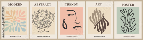 Set of abstract posters in modern pastel colors. Trendy retro inspired contemporary wall art for scandinavian or japandi style interiors. Aesthetic minimalist design. Vector art illustrations