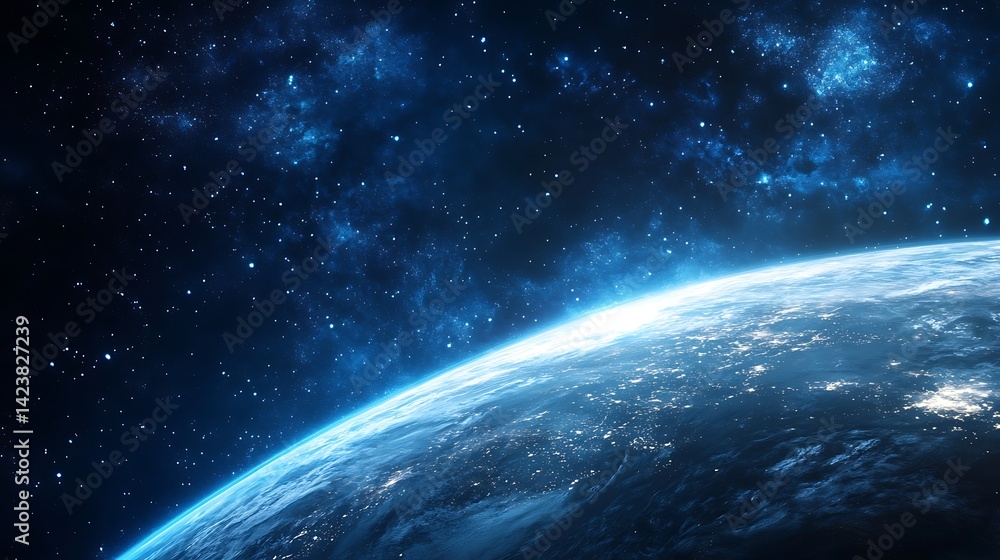 Fototapeta premium Blue Planet Earth Horizon with Starfield, Space View of City Lights from Orbit