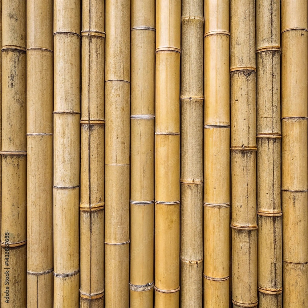 A textured wall made of vertical bamboo stalks, creating a natural and organic backdrop A textured wall made of vertical bamboo stalks, creating a natural and organic backdrop