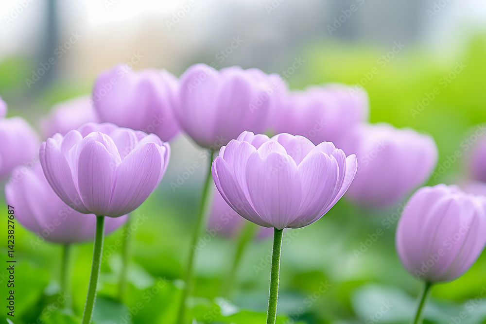 Fototapeta premium Soft focus image of pale purple tulips in a garden