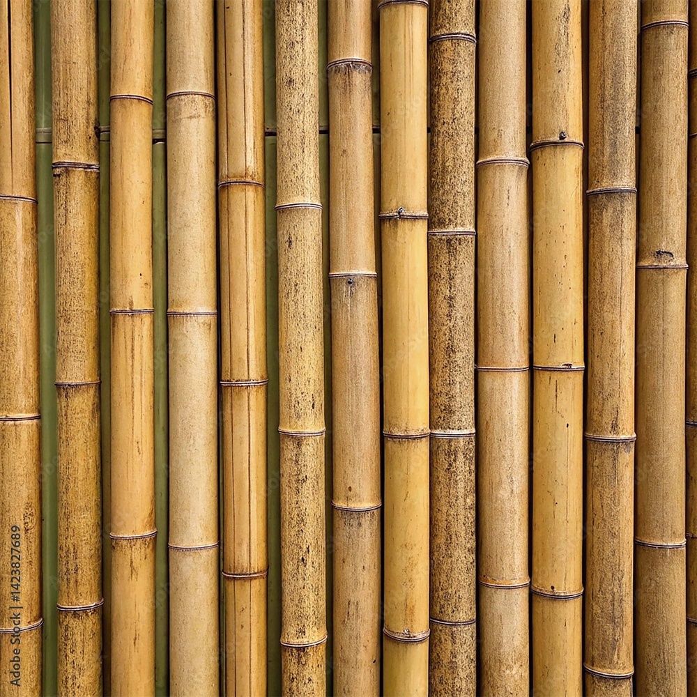 A textured wall made of vertical bamboo stalks, creating a natural and organic backdrop A textured wall made of vertical bamboo stalks, creating a natural and organic backdrop