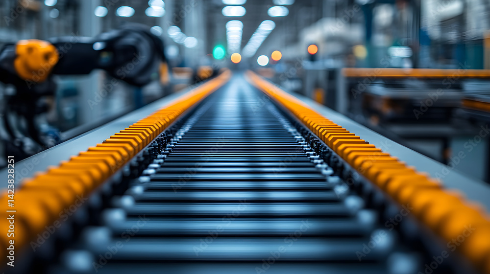 Modern manufacturing line with robotic arms and automated machines, showcasing next-gen industrial technology