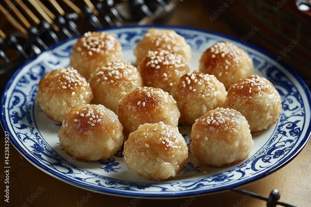 golden-brown and sprinkled with sesame seeds, creatively arranged in a circular layout on a blue and white plate with traditional Chinese iron skewers golden-brown and sprinkled with sesame seeds, creatively arranged in a circular layout on a blue and white plate with traditional Chinese iron skewers