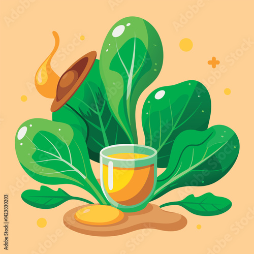 Healthy drink surrounded by spinach.