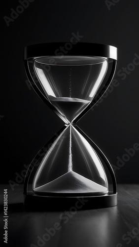Time s relentless flow captured in elegant monochrome hourglass sand falling dark background
