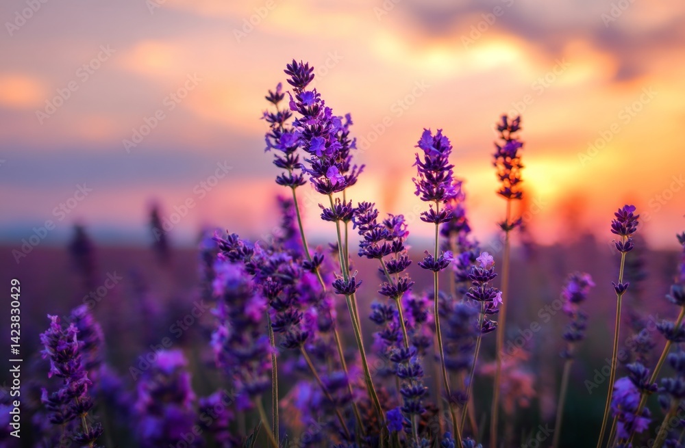 Fototapeta premium Lavender Flowers Bloom Vibrantly at Sunset, Serene Nature Scene with Purple Hues