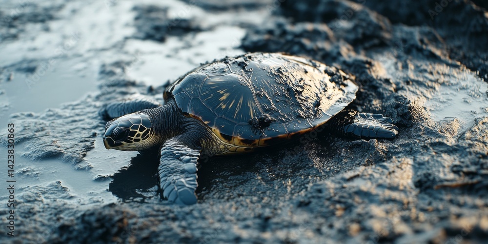 A close-up view of a turtle resting on muddy ground. The turtle exhibits unique patterns on its shell. This image captures the beauty of nature and its diverse wildlife.