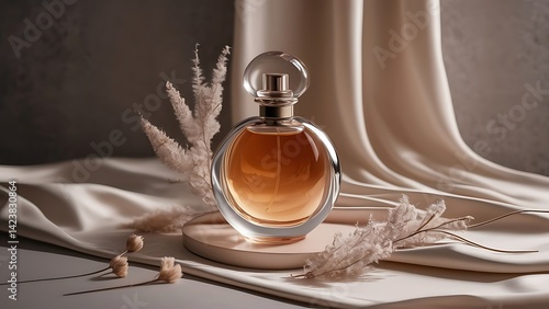 Elegant amber perfume bottle on silk styled with pampas grass soft lighting neutral tones