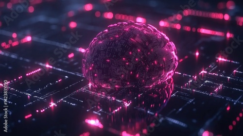 Futuristic clip art interface showing artificial intelligence brain connected to data streams