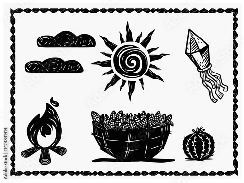 Rustic woodcut illustration featuring traditional Festa Junina symbols: corn basket, bonfire, sun, clouds, cactus, and firework rocket in folk Brazilian style.