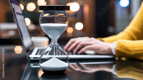 Time management hourglass beside laptop person working deadline pressure productivity efficiency