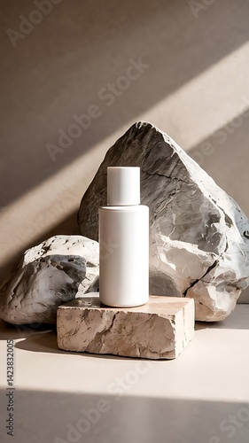 Serene white bottle rests on textured stone bathed in soft sunlight minimalist aesthetic natural