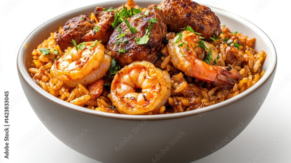 Classic New Orleans jambalaya with shrimp, chicken, and sausage on an immaculately white background. Classic New Orleans jambalaya with shrimp, chicken, and sausage on an immaculately white background.