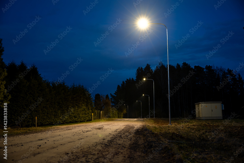 A dimly lit dirt road at dusk, illuminated by streetlights. Tall trees line one side, a hedge on the other, and a small utility structure is visible.
