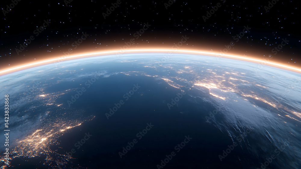 Fototapeta premium Sunrise over Earth, showcasing city lights and atmospheric glow