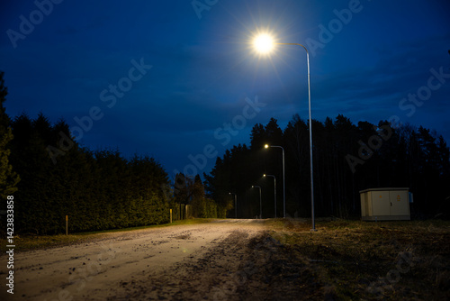 Obraz na płótnie A dimly lit dirt road at dusk, illuminated by streetlights. Tall trees line one side, a hedge on the other, and a small utility structure is visible. w salonie