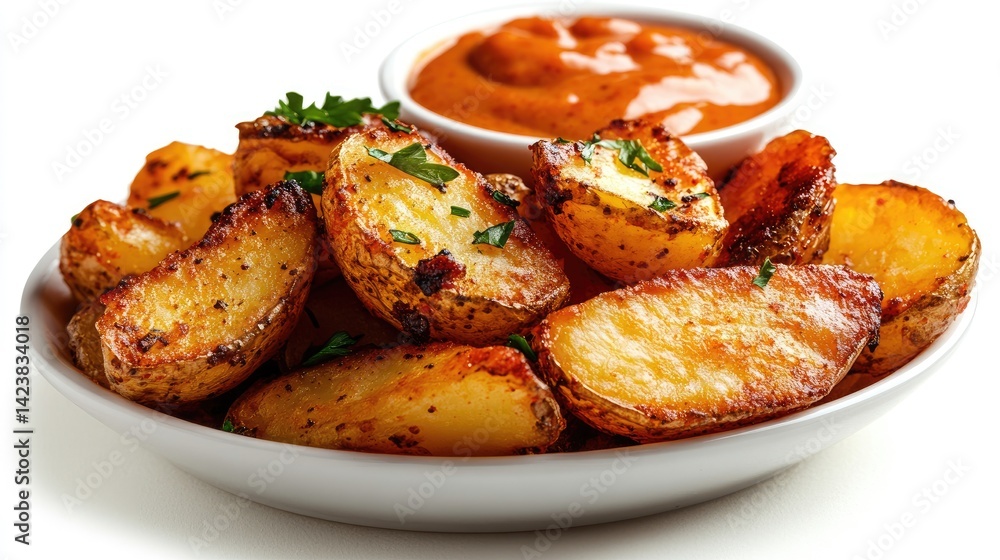 Classic Spanish patatas bravas crispy potatoes with spicy sauce on an absolutely white background. Classic Spanish patatas bravas crispy potatoes with spicy sauce on an absolutely white background.