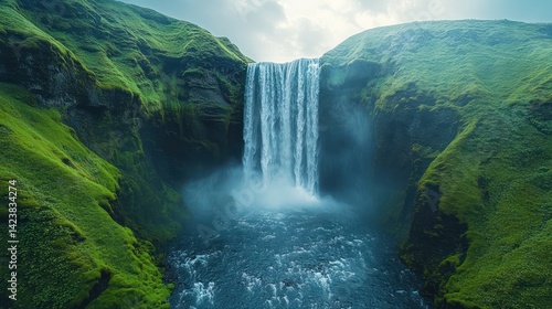 Green hills waterfall scene