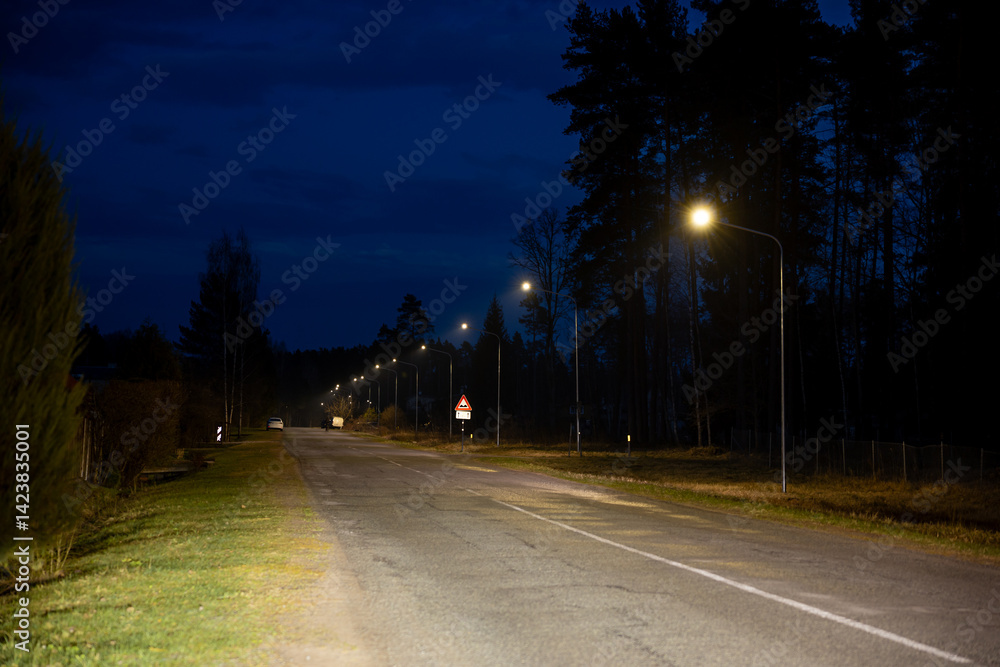 A road extends under a deep blue evening sky, bordered by trees and grass. Streetlights illuminate the pavement, with a triangular traffic sign visible.