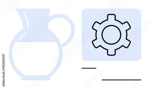 Milk pitcher filled midway beside a gear graphic. Represents concepts of manufacturing, automation, systematization, optimization, food production, productivity, and industry. Ideal for agriculture