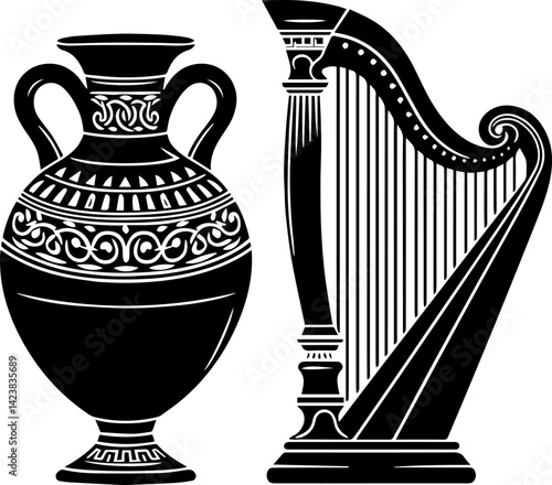 Ancient Greek temple with a woman and bull in classic style  