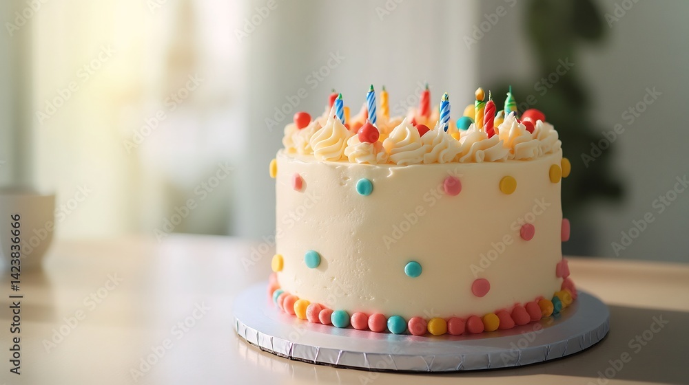 Birthday cake with fondant and glossy icing placed in a bright room with a smooth finish ideal for elegant celebrations Birthday cake with fondant and glossy icing placed in a bright room with a smooth finish ideal for elegant celebrations