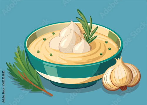 Creamy garlic soup with herbs.